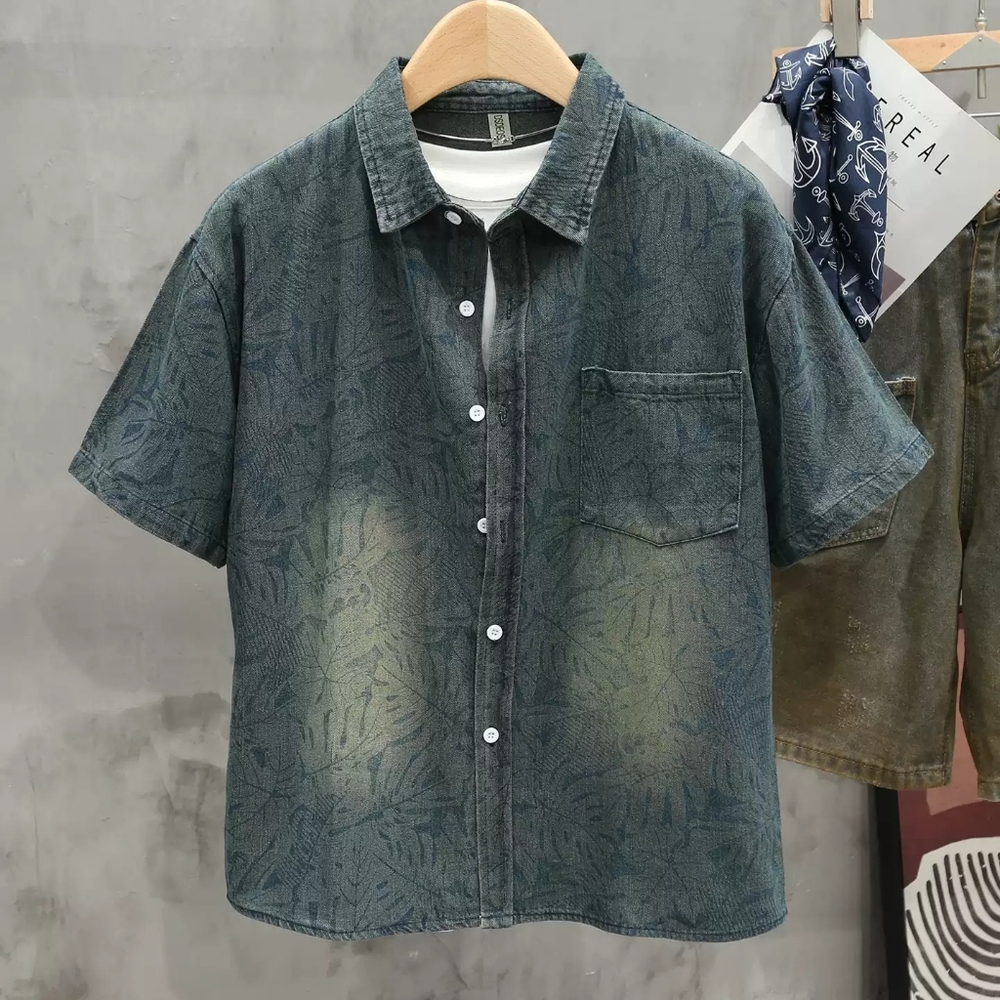 Leaf Print Washed Denim Shirt